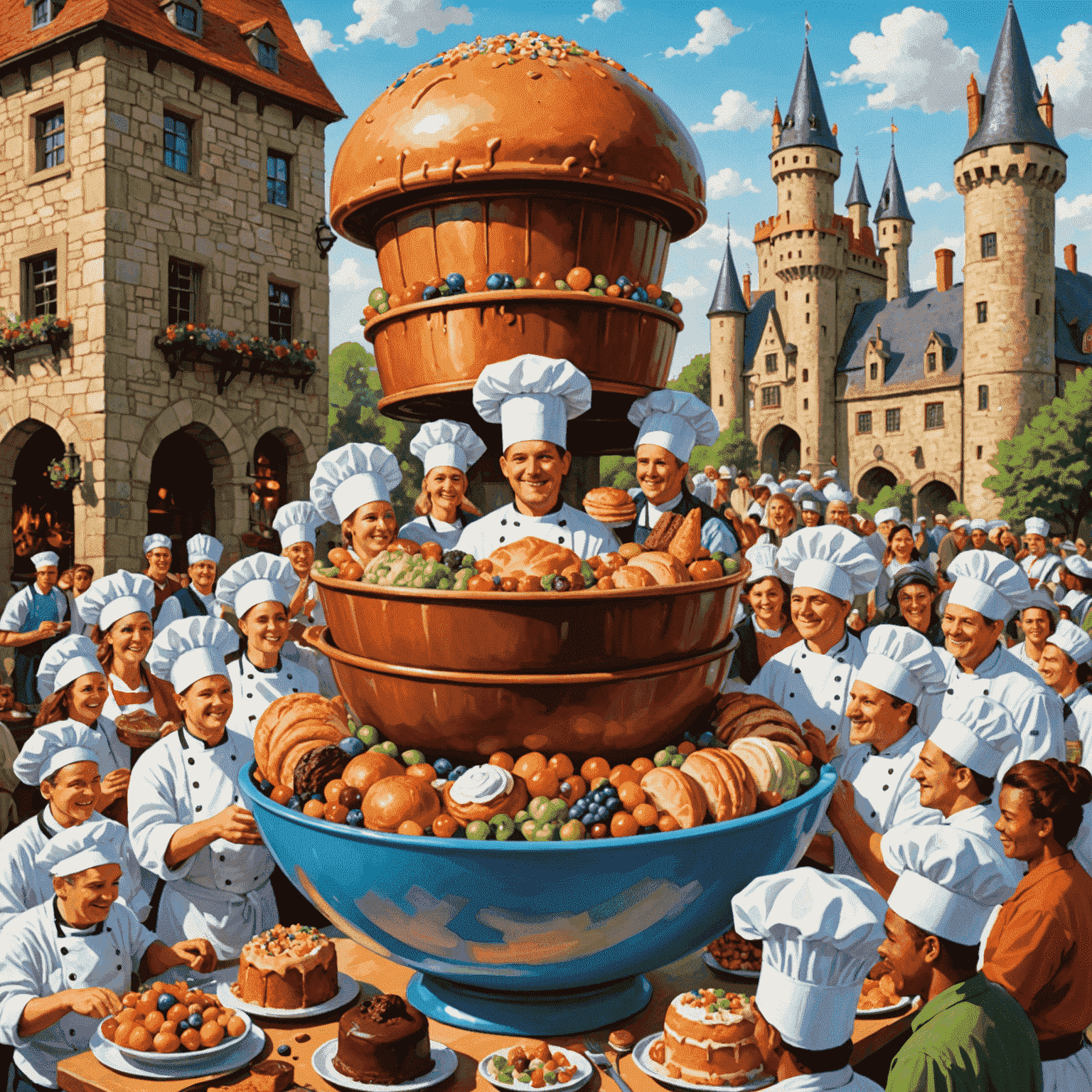 A whimsical illustration of a diverse group of people wearing chef hats, gathered around a giant mixing bowl filled with colorful ingredients. In the background, a castle-like structure made of cakes and pastries represents the game world of playxboxpsworld.