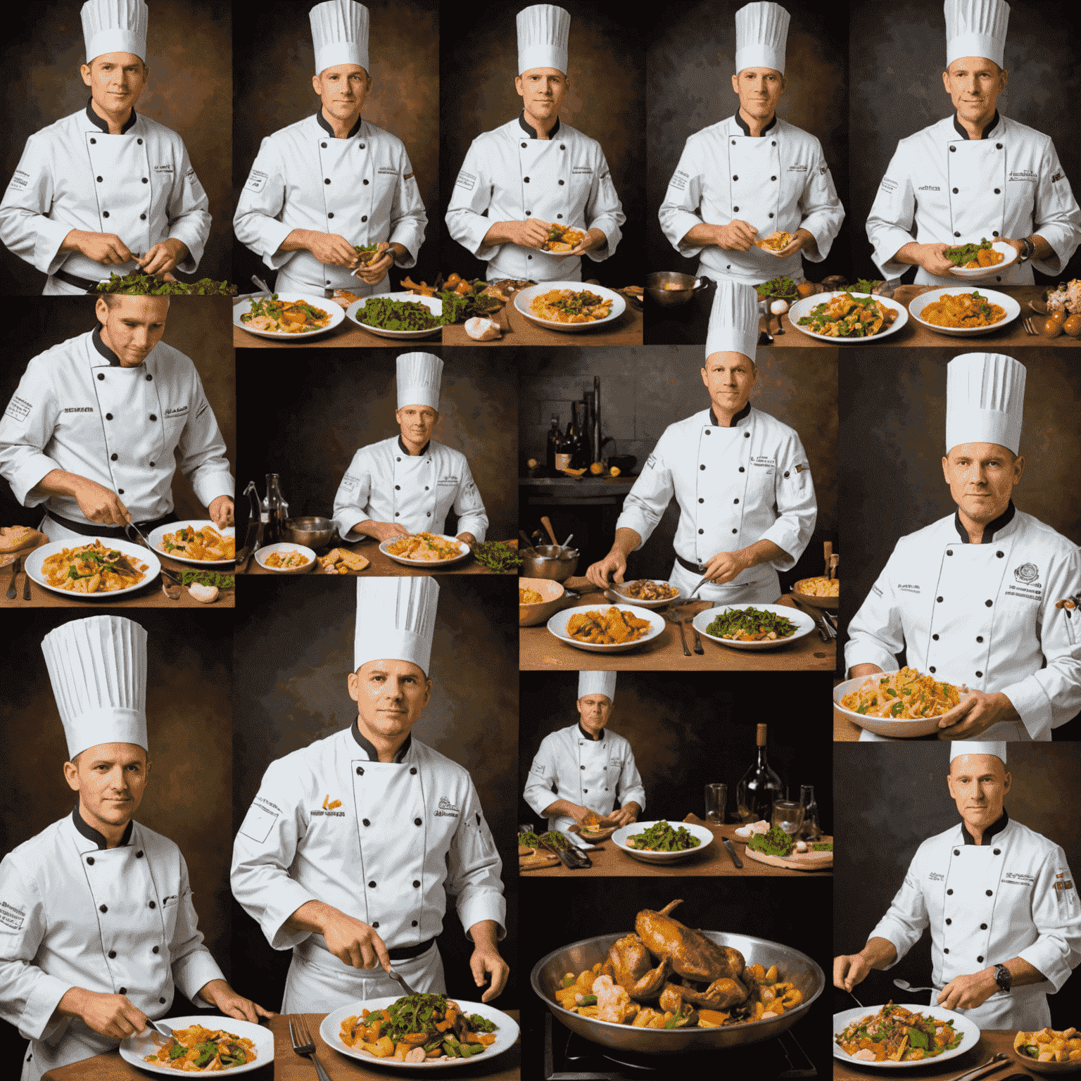 A collage showing the progression of a chef in playxboxpsworld, from a novice in plain clothes to a master chef in full regalia, surrounded by increasingly complex and beautiful dishes