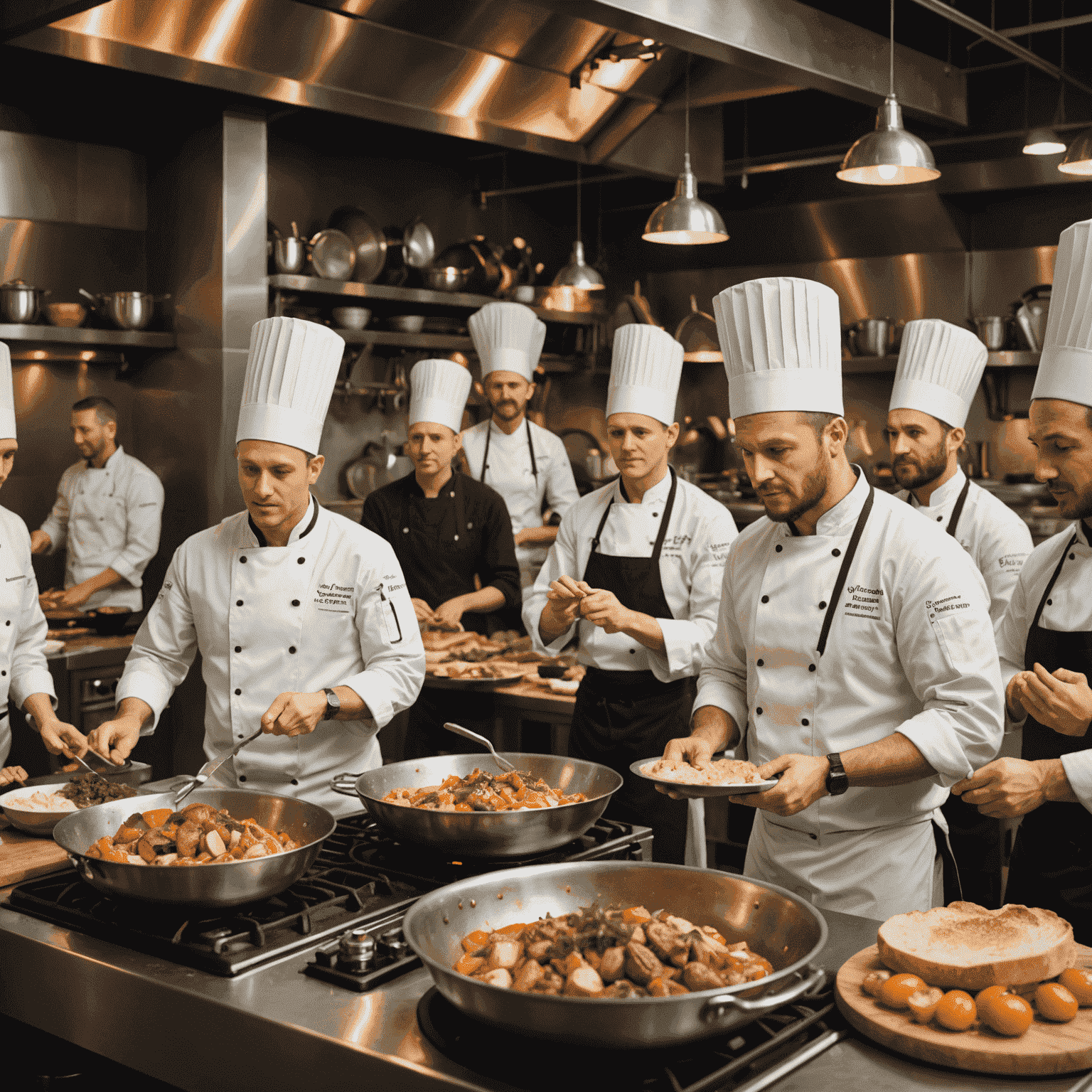 An exciting playxboxpsworld cooking competition scene with multiple chefs at their stations, preparing dishes under time pressure, with judges and a cheering virtual audience in the background.